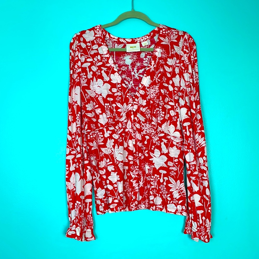 Anthropologie Maeve Red White Print Long Sleeve Top Size XL